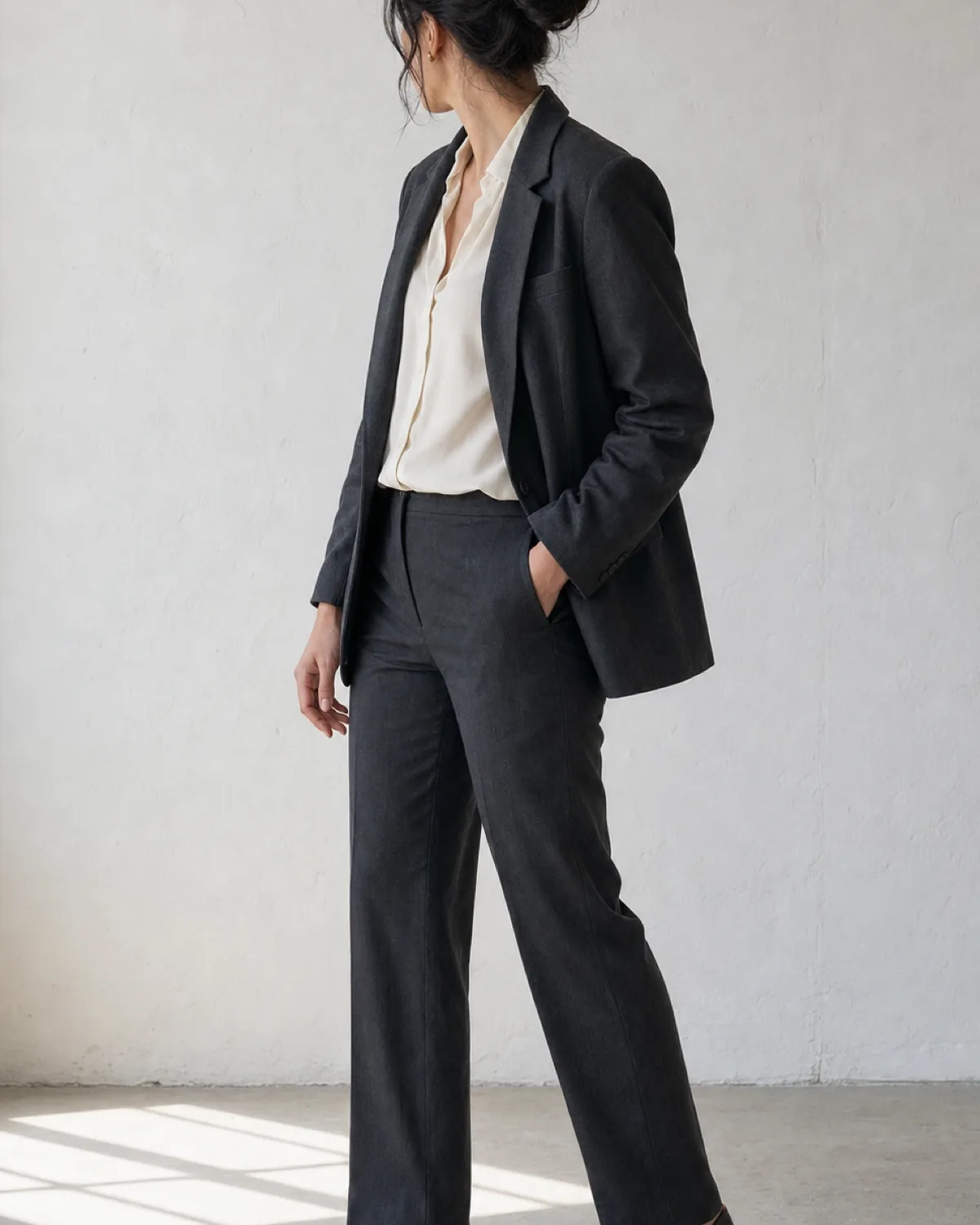 A woman in a charcoal unstructured blazer worn open over a cream blouse and straight charcoal trousers, turned three quarters away, with black leather loafers