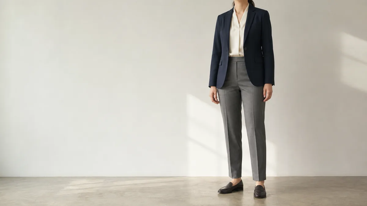 A woman standing against a plain warm-white wall in a navy blazer, ivory blouse, mid-grey tailored trousers and black leather loafers